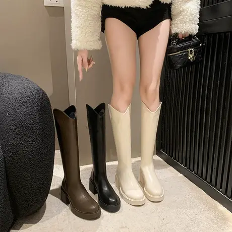 长筒靴女靴子2023新款冬季高跟v口骑士靴显瘦高筒不过膝法式皮靴图片