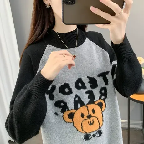 冬季超好看拼色卡通毛衣女秋冬2025新款宽松半高领加厚针织打底衫图片