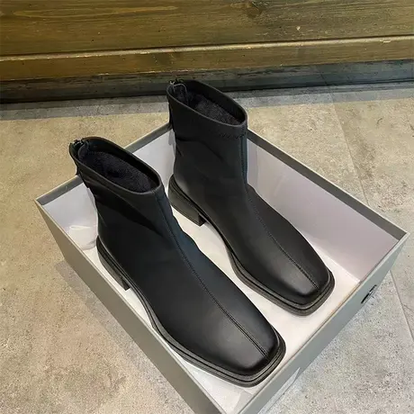 英伦风短靴女2024年新款秋冬季低跟马丁靴粗跟方头百搭法式瘦瘦靴商品大图