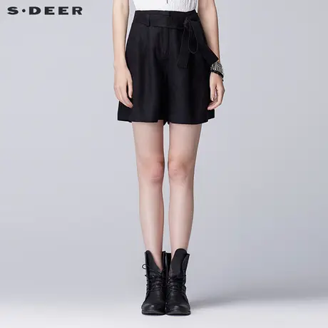sdeer圣迪奥2019夏装纯黑垂坠质感宽松亚麻腰带女士短裤S17280725商品大图