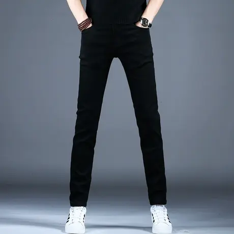 高档黑色牛仔裤男款男士时尚修身小脚裤子潮流百搭美式秋冬季潮牌图片