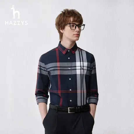 Hazzys哈吉斯春夏新款男士上衣纯棉长袖衬衫格纹商务休闲衬衣潮流商品大图