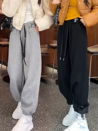 加绒保暖卫裤女2023冬季P字母刺绣抽绳弹力腰遮肉显瘦束脚哈伦裤商品大图