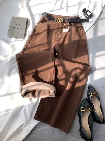 2023美拉德加绒牛仔阔腿裤女高腰显瘦冬季加厚宽松百搭直筒长裤潮商品大图