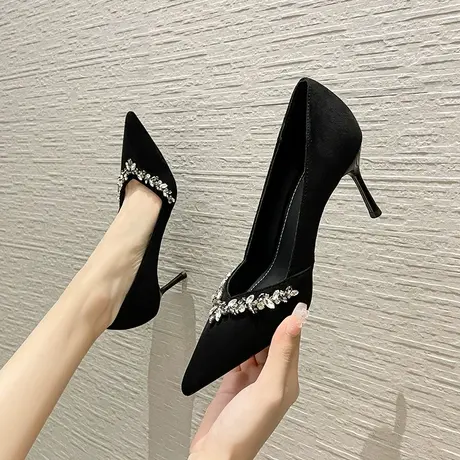 黑色高跟鞋女2024年春季新款性感气质尖头水钻气质女神范细跟单鞋图片