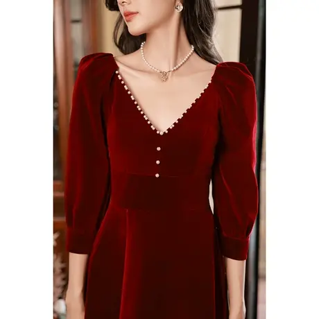 长袖敬酒服新娘2024新款秋冬季酒红色晚礼服结婚订婚回门大气V领图片