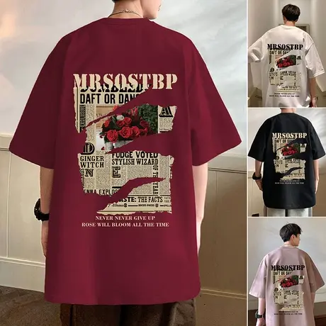 纯棉宽松短袖T恤男夏季2024新款体恤潮牌情侣装复古玫瑰印花半袖t图片