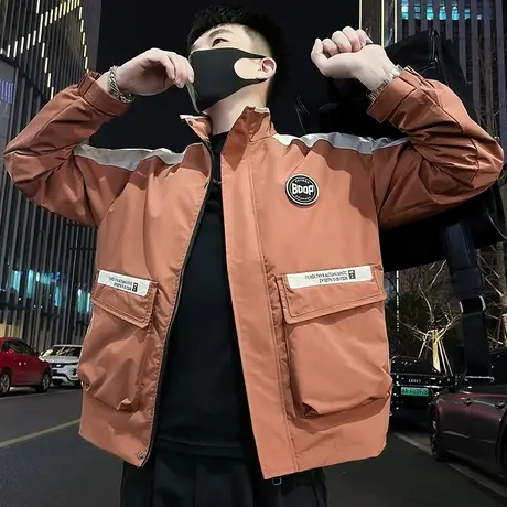 工装外套男春季潮牌撞色休闲褂子个性贴标痞帅宽松立领冲锋衣夹克商品大图