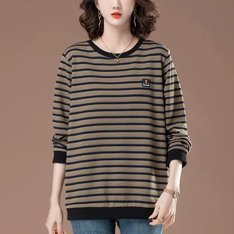 长袖t恤女春秋新款加肥加大码女装宽松中老年妈妈休闲条纹打底衫商品大图