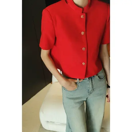 2024春夏新款女装新中式国风红色短款齐腰立领短袖女士短外套女图片