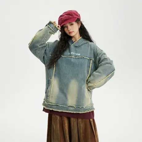 做旧毛边水洗牛仔外套女春秋新款复古连帽运动夹克宽松情侣装上衣商品大图