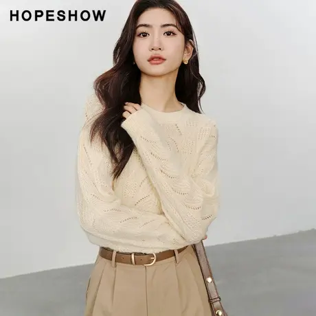 红袖镂空绞花圆领针织衫hopeshow2024春季新款薄款通勤淑女毛衣图片
