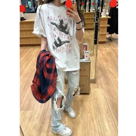 纯棉重磅设计感复古港味chic短袖t恤女夏季宽松半袖oversize上衣商品大图