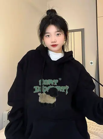 加绒加厚卫衣女大码秋冬季连帽宽松慵懒风美式复古潮牌中长款外套图片