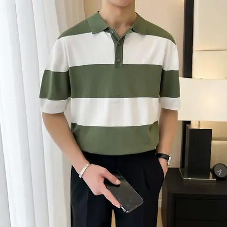 2024新款夏季拼色条纹POLO衫男韩版轻熟简约短袖T恤翻领休闲上衣商品大图