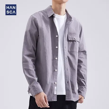 hansca春季新款纯色长袖衬衫男士高级感日系复古潮流宽松休闲外套商品大图