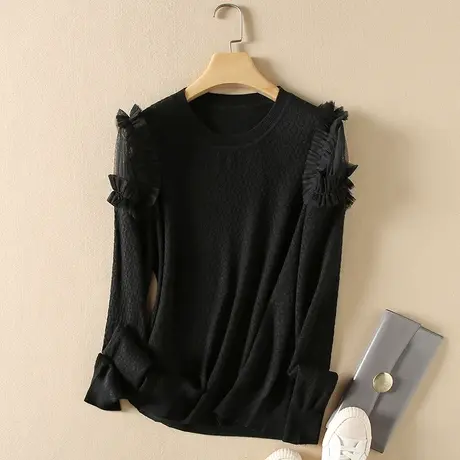 美丽诺羊毛春装女2024新款毛衣女宽松蕾丝套头上衣爆款针织打底衫图片