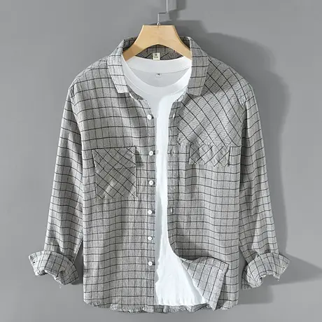 休闲格子衬衫棉麻衬衣男士蓝色新款痞帅春秋季港风日系复古外套潮商品大图