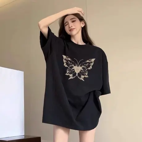 美式新款黑色短袖T恤大码宽松纯棉上衣2024胖mm遮肚子显瘦半袖衫商品大图