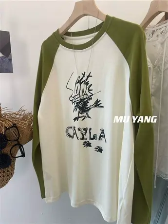 手绘插画小龙印花插肩袖T恤女套头圆领休闲长袖打底衫上衣女春款图片