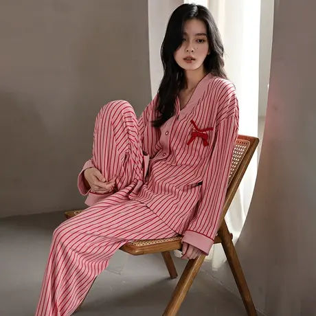 婷美条纹睡衣女士春秋季纯棉长袖v领开衫ins风高颜值家居服两件套商品大图