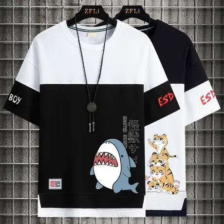 假两件短袖t恤男潮牌夏季棉感半袖男体恤衫青少年卡通拼接上衣服商品大图