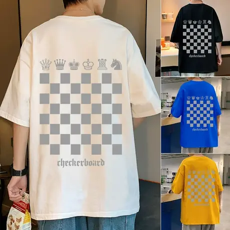 2023短袖t恤男夏季新款纯棉宽松象棋格子潮牌上衣服港风半袖体恤t商品大图