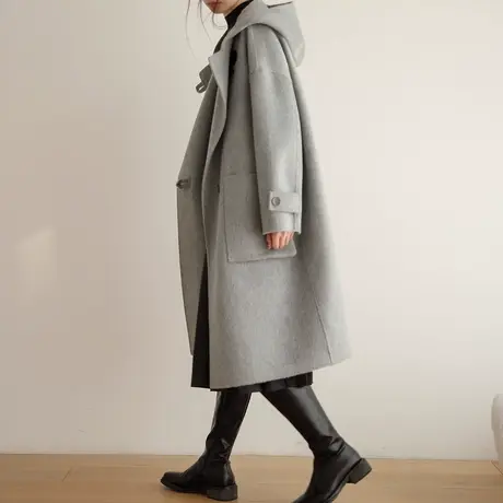 2022秋冬新款连帽双面呢大衣女中长款韩系宽松长款毛呢外套商品大图