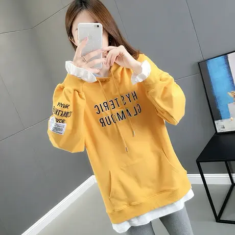 2022春装新款卫衣慵懒女连帽中长款假两件上衣韩版宽松潮ins外套商品大图