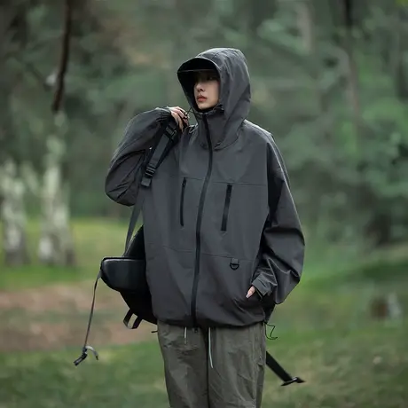 户外冲锋衣女春秋款连帽外套2023新款复古潮牌爬山宽松情侣装夹克商品大图