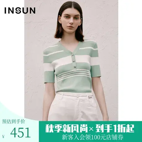 恩裳COVER2023夏季新款黑白条纹前中装饰扣V领高弹舒适冰丝针织衫商品大图