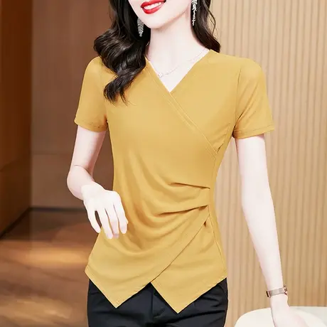 性感交叉V领T恤女短袖欧货开衩网纱上衣纯色百搭气质小衫修身体恤商品大图