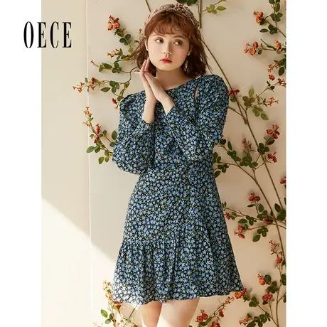 Oece复古碎花裙春秋新款女法式气质裙子显瘦设计感连衣裙图片