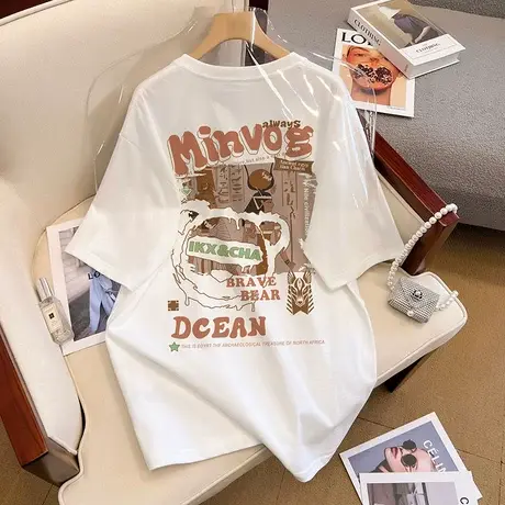 潮牌短袖t恤女装2023年夏季新款设计感小众宽松中长款纯棉上衣服图片