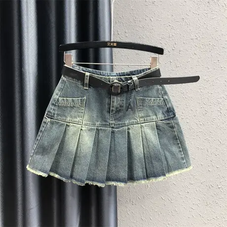 高腰复古辣妹牛仔半身裙女2023秋季新款减龄洋气显腿长百褶短裙潮图片