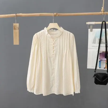 文艺风木耳花边圆领套头白衬衫女刺绣宽松百搭衬衣宽松上衣服女装图片