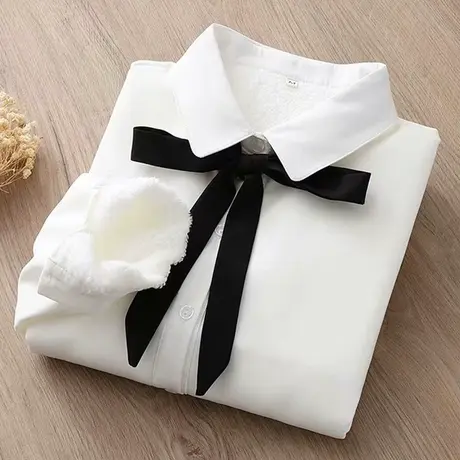 韩版白色雪纺加绒衬衫女保暖秋冬2019新款蝴蝶结衬衣加厚学生打底图片