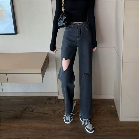 小众设计爱心破洞直筒牛仔裤女秋季古着感显瘦高腰宽松阔腿老爹裤商品大图