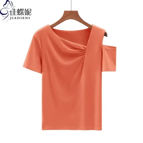 夏季新款韩版斜领褶皱小心机纯色纯棉修身漏肩短袖体恤上衣内搭女商品大图