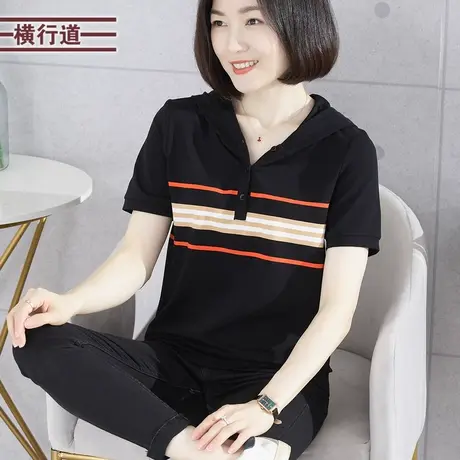连帽宽松条纹短袖T恤女装2023新款夏装撞色休闲外穿洋气大码上衣图片