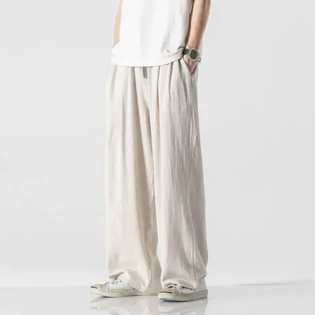 中国风亚麻休闲裤男青年纯色休闲长裤宽松透气直筒裤棉麻阔腿裤潮商品大图