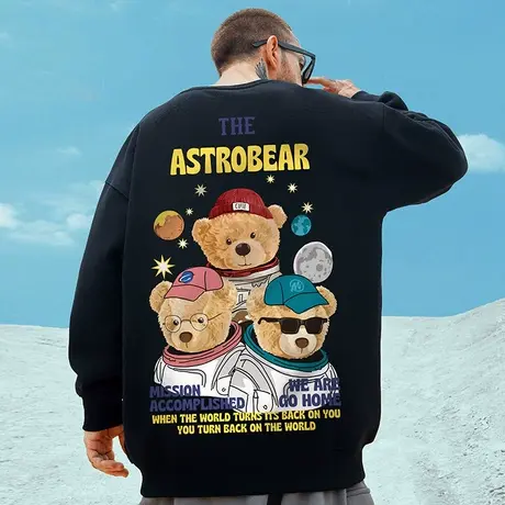 潮牌卫衣男圆领hiphop大码宽松oversize小熊国潮加绒情侣装秋冬款商品大图