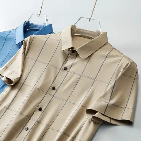 夏季冰丝无痕弹力短袖衬衫男士修身商务职业高端抗皱免烫衬衣薄款商品大图