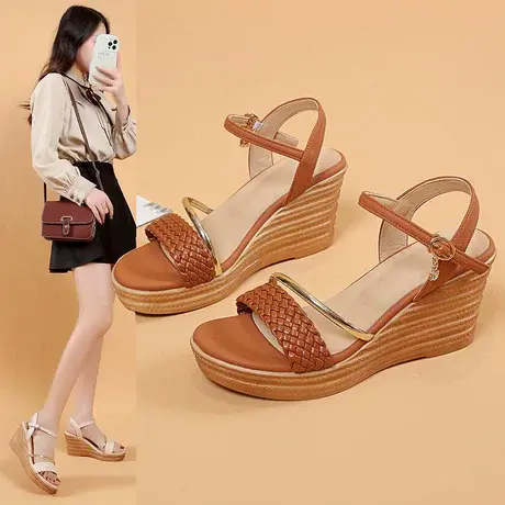 凉鞋女款2023新款夏季坡跟厚底时尚一字扣罗马时装高跟鞋百搭外穿商品大图