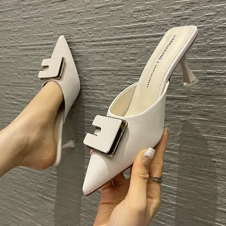 气质尖头高跟鞋女2023夏季新款百搭外穿懒人一脚蹬包头细跟半拖鞋商品大图