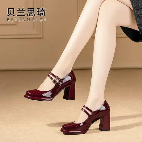 真皮圆头防水台高跟鞋女酒红色2023春秋季款一字带厚底粗跟单鞋商品大图
