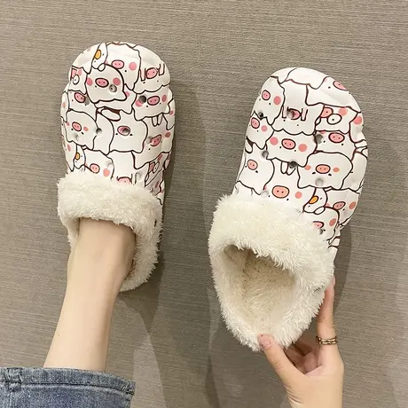 洞洞鞋女秋冬季2023新款外穿加绒保暖可爱小猪居家防滑包头棉拖鞋商品大图
