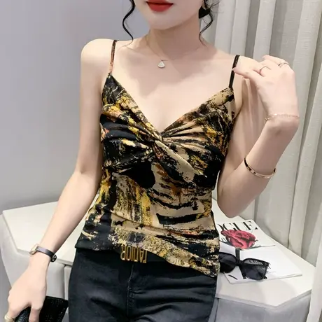 性感V领小吊带女西装内搭背心复古印花网纱打底衫紧身洋气上衣ins商品大图