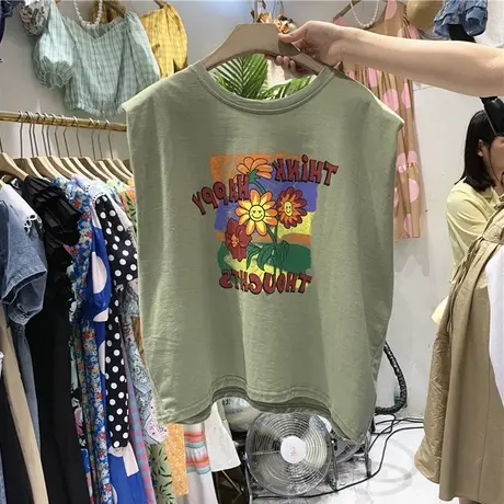 吊带背心女夏季外穿宽松打底衫大码设计感小众无袖t恤复古上衣潮商品大图