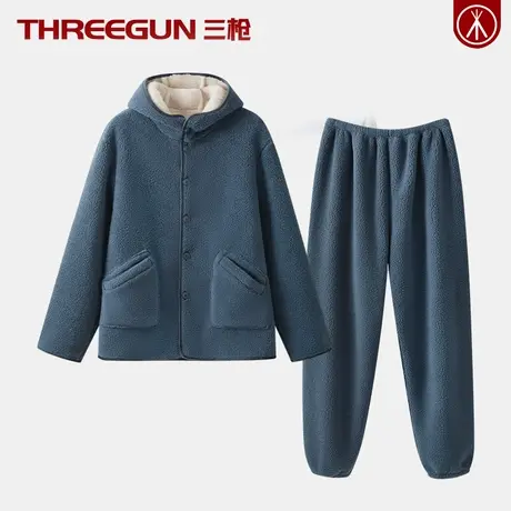 三枪加厚羊羔绒情侣男士家居服青年女士睡衣套装带兜外穿冬季连帽商品大图
